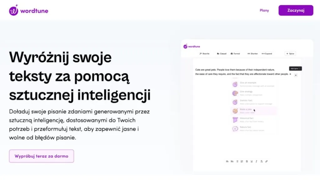 WordTune AI - oficjalny tekst strony angielskiej po polsku